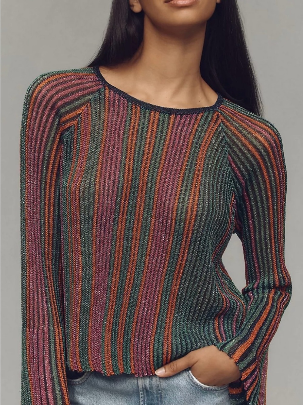 FRNCH Multicolor Striped Scoopneck Sweater — Pink, Orange, Green